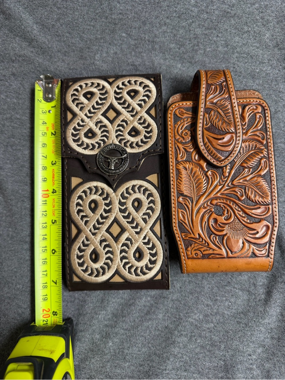 Hand-Tooled Western Leather Phone Holster Wallet - Brown & Black